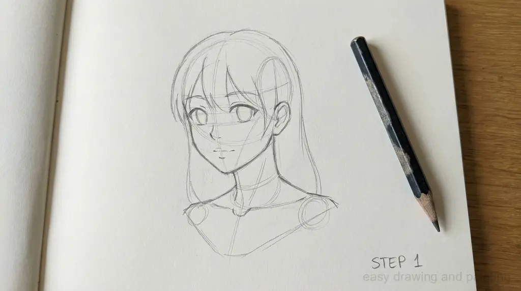 Technical graphite drawing tutorial, Step 1: Initial line art construction of an anime character bust. Light pencil guidelines establish facial symmetry and proportional anatomy (eyes, nose, shoulders) before final detailing. Sketch is executed on textured sketchbook paper.